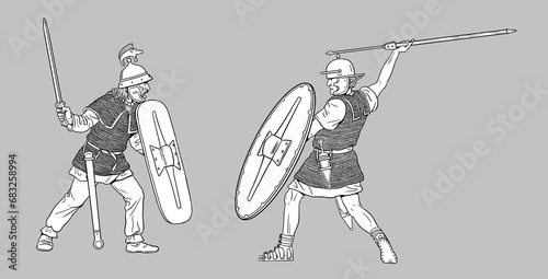 Roman legionnaires against the Gauls. Julius Caesar Gallic War. Historical drawing. photo