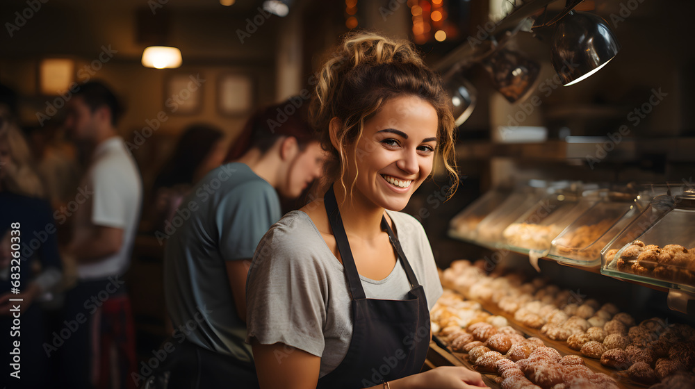 smiling female baker, offering exemplary customer service as she hands a customer their order in her retail store 