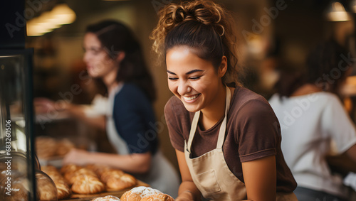 smiling female baker, offering exemplary customer service as she hands a customer their order in her retail store  photo