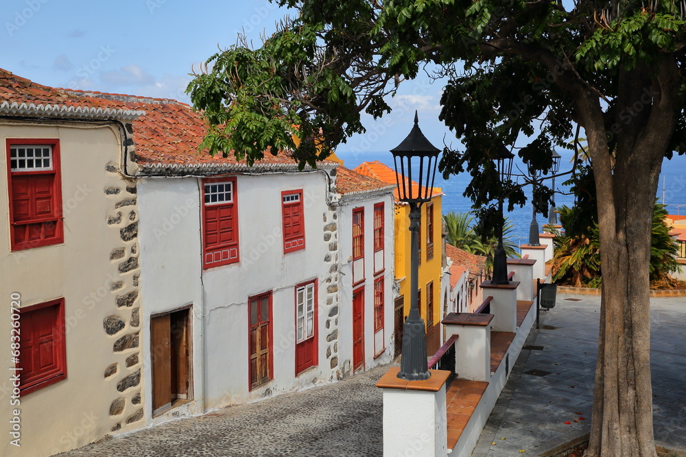 Traditional and colorful houses along an alley in San Andres, La Palma, Canary Islands, Spain. San Andres is located near Los Sauces in the North-East of La Palma island
