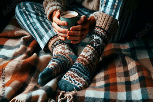 Person's feet wearing knitted socks crossed at the ankles. Resting on a plaid blanket photo