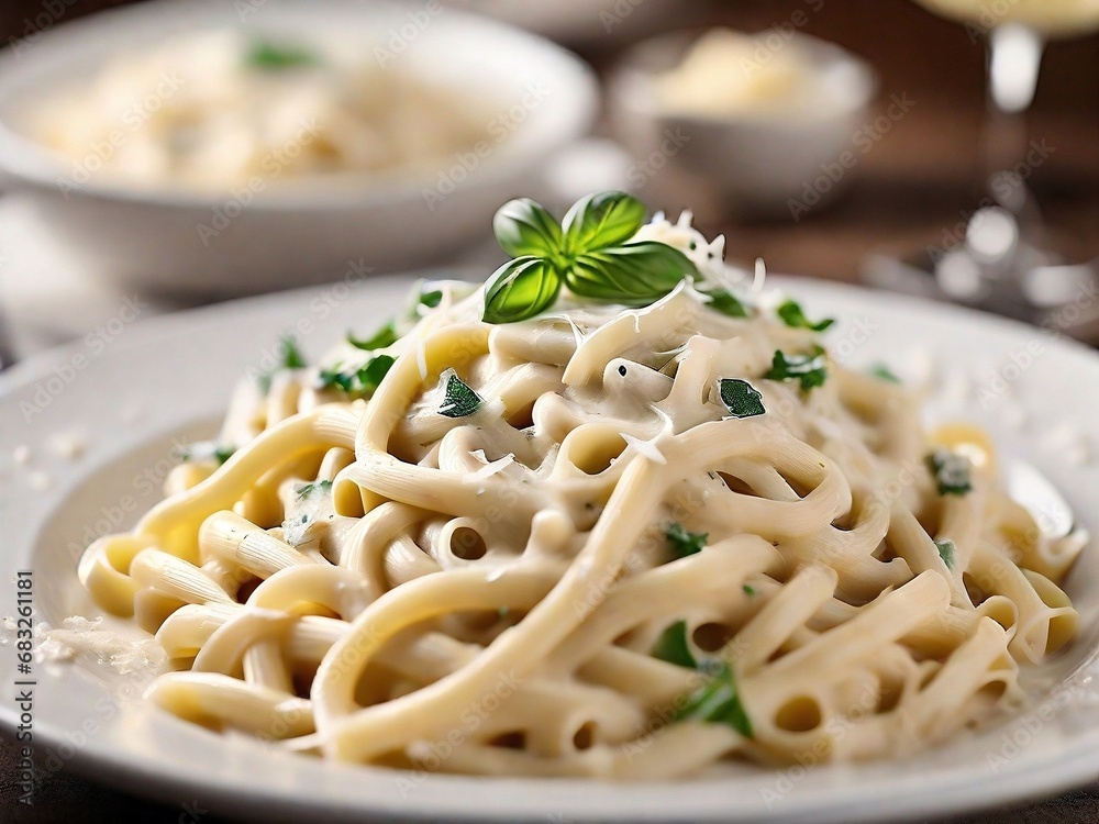 plate of creamy Fettuccine Alfredo  with the white sauce
