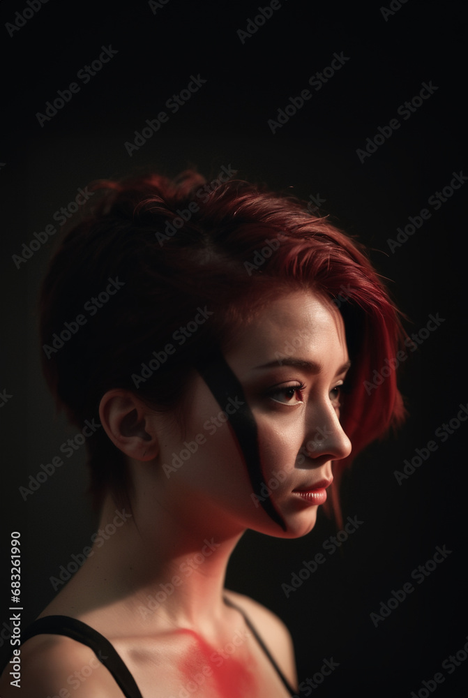 ritratto primo piano profilo volto di giovane donna con makeup alternativo, capelli rosso intenso, luci e ombre