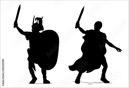 Roman general and imperator Gaius Julius Caesar with roman centurion. Warriors silhouette vector drawing.