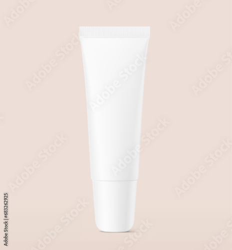 Blank plastic tube mockup for lip balm with cap. Front view. Vector illustration isolated on colour background. Can be use for your design, advertising, promo and etc. EPS10.