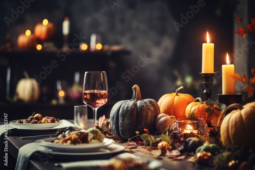 Thanksgiving table setting with pumpkin