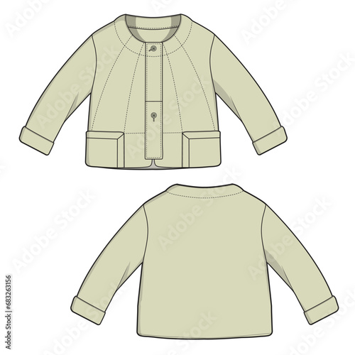 Women collarless suede jacket front and back view flat sketch vector illustration mockup template