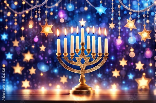 Hanukkah abstract defocused background - menorah with bright dust on wooden table, beautiful religious card