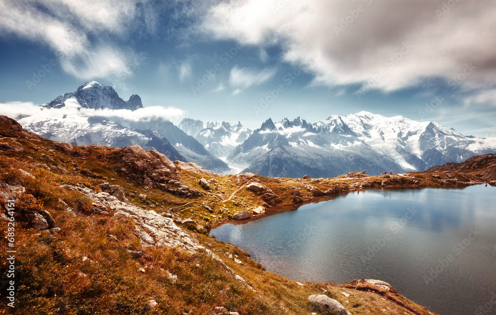 Views of the Mont Blanc glacier with Lac Blanc. Location place Graian Alps, France.