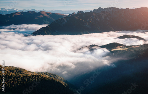 Aerial view of the alpine valley. Location place National Park Gardena, Italy, Europe. photo