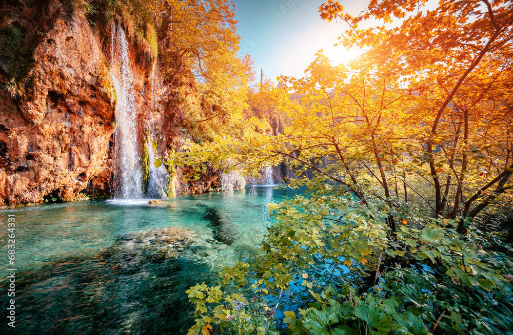 Majestic view on turquoise water and sunny beams. Location Plitvice Lakes National Park, Croatia, Europe.
