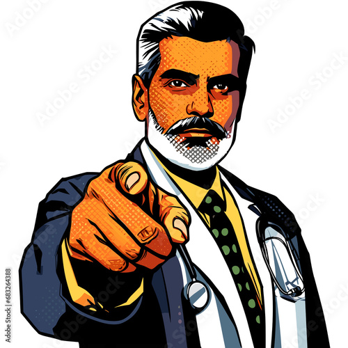 Retro Pop Art Illustration of an Indian Doctor pointing his Finger at the Viewer