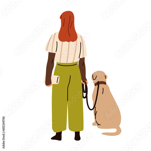 Woman, dog owner standing with doggy, sitting on leash, back view. Female character and puppy, canine animal from behind, backside. Flat graphic vector illustration isolated on white background