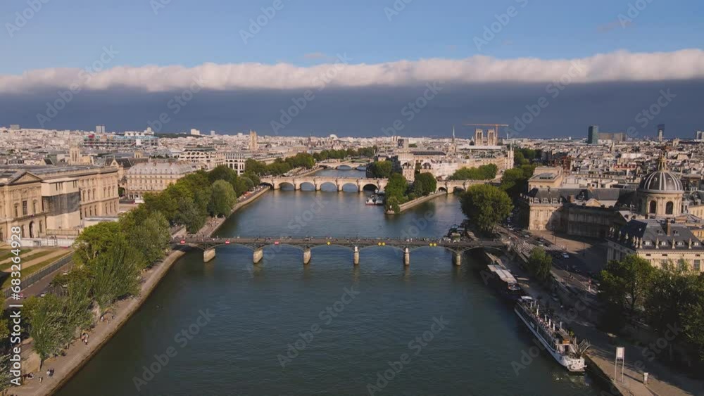 Notre Dame cathedral in Paris, aerial view of Seine river and traditional buildings in Paris, France Notre Dame cathedral in Paris, aerial view of Seine river and traditional buildings in Paris, France