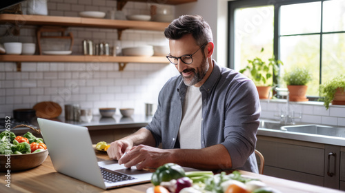 Man smiling while looking at a laptop in a well-lit kitchen setting  surrounded by fresh vegetables  indicating he may be searching for a recipe or cooking instructions.