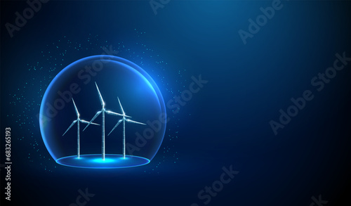 Blue glass dome with wind turbines inside. Renewable power generation Alternative source of green energy concept © Елена Бутусова