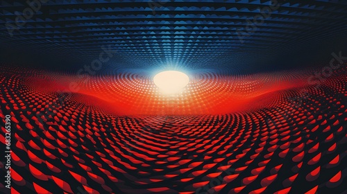 Abstract light source between red earth and blue sky. dots wave graphic banner. halftone pattern, dreamcore. generative AI 