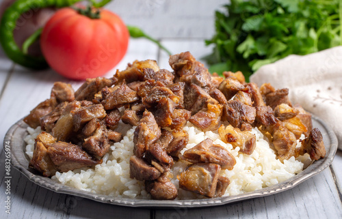 Turkish Meat Et Kavurma with rice - pilav (Turkish name; kurban kavurma, pilav ustu kavurma) photo