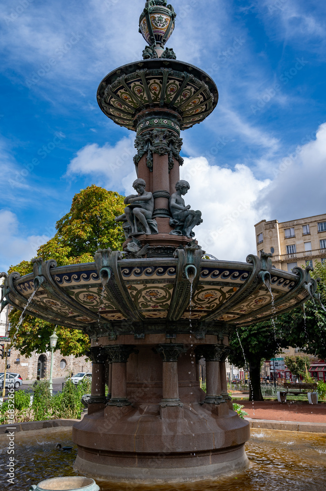 Obraz premium Views of streets and houses of Limoges town, Haute-Vienne department, France with famous porcelain and leather industry, city hall fountain