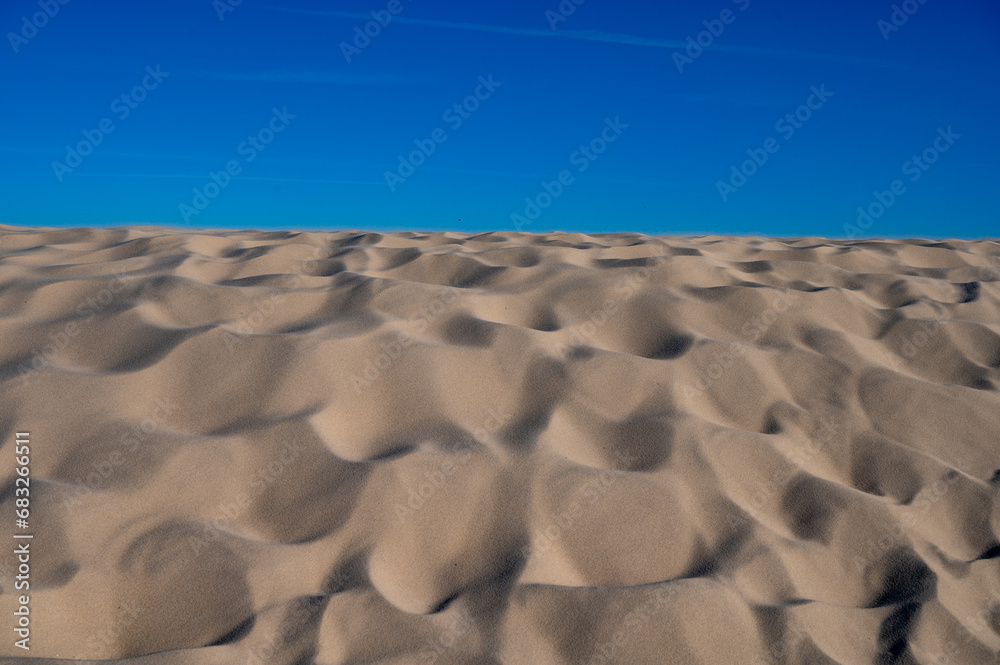 Fototapeta premium Golden sand and blue sky, Dune of Pilat tallest sand dune in Europe located in La Teste-de-Buch in Arcachon Bay, France southwest of Bordeaux along France's Atlantic coastline