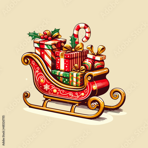 hand drawn vector christmas sleigh with gifts with Christmas ornaments. Ai Generated