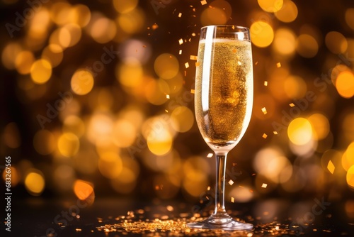 Against the background of confetti and lights, a glass of sparkling wine. Holiday concept