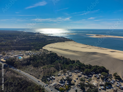 Aerial view of Dune of Pilat tallest sand dune in Europe located in La Teste-de-Buch in Arcachon Bay area, France southwest of Bordeaux along France's Atlantic coastline