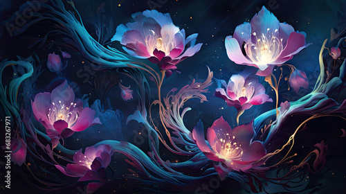 Beautiful abstract dark background with colorful sparkling flowers as wallpaper backkground illustration © iv work