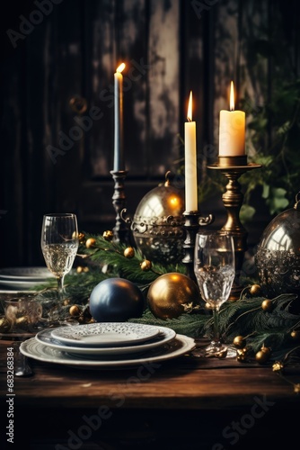 Christmas table setting with winter decoration