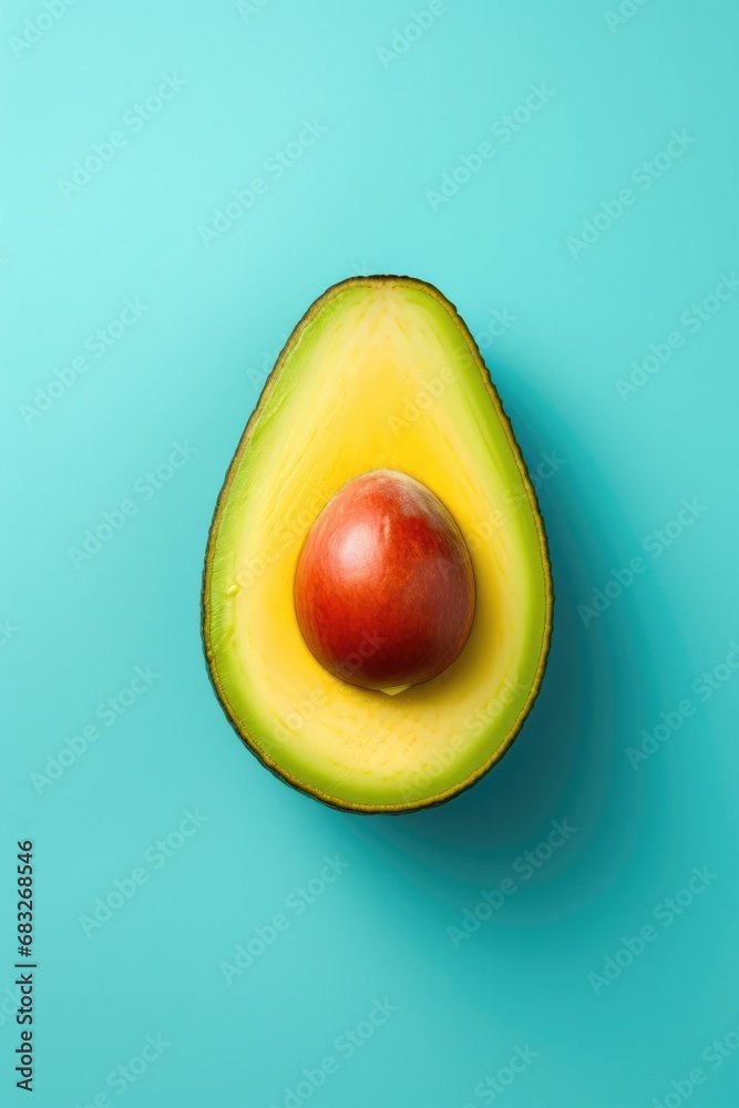 Avocado with tomato on blue background. Minimal food concept.