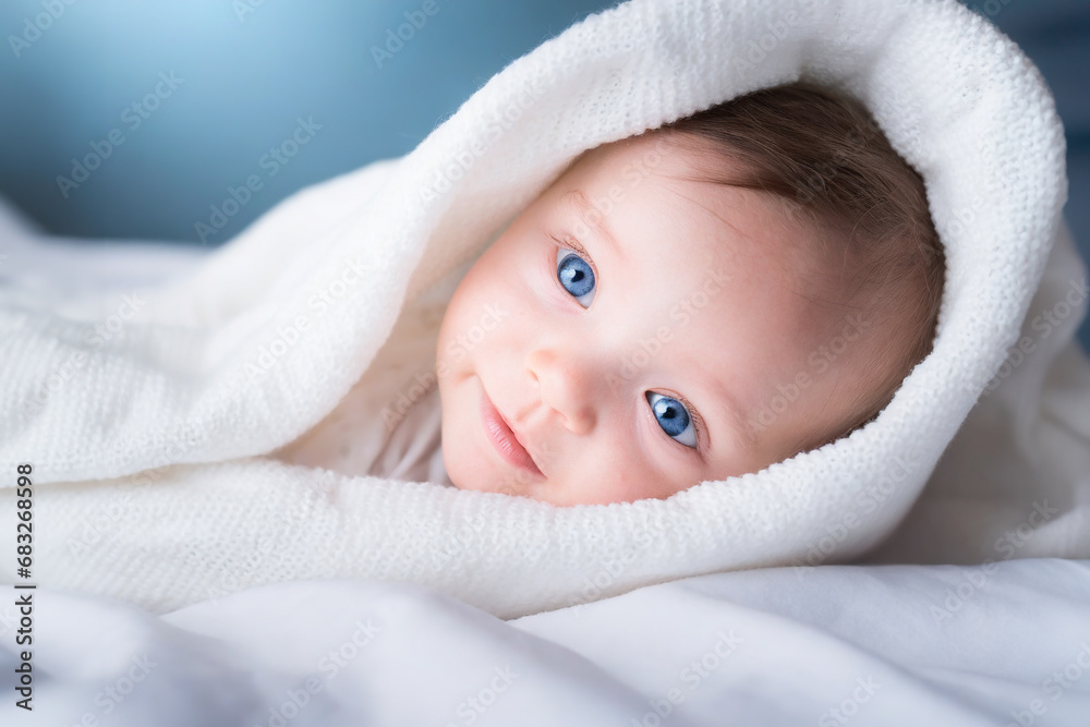 lovely baby wrapped in white towels smiling at camera. advertisement space.blue eyes lovely baby wrapped in white towels smiling at camera. advertisement space.blue eyes