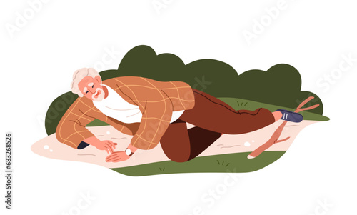 Old man stumbling, falling down. Clumsy senior elderly character falls. Fallen slipped tripped person, accident. Injury, fracture, trauma. Flat vector illustration isolated on white background