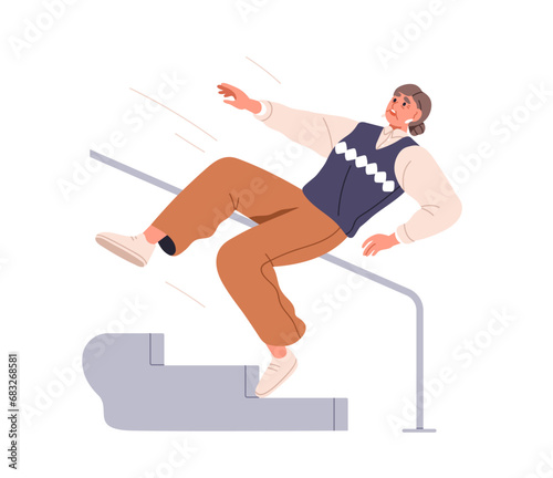 Old woman falls down stairs. Senior lady stumbling, slipping and falling at staircase, steps. Danger, accident at stairway, injury, trauma. Flat vector illustration isolated on white background