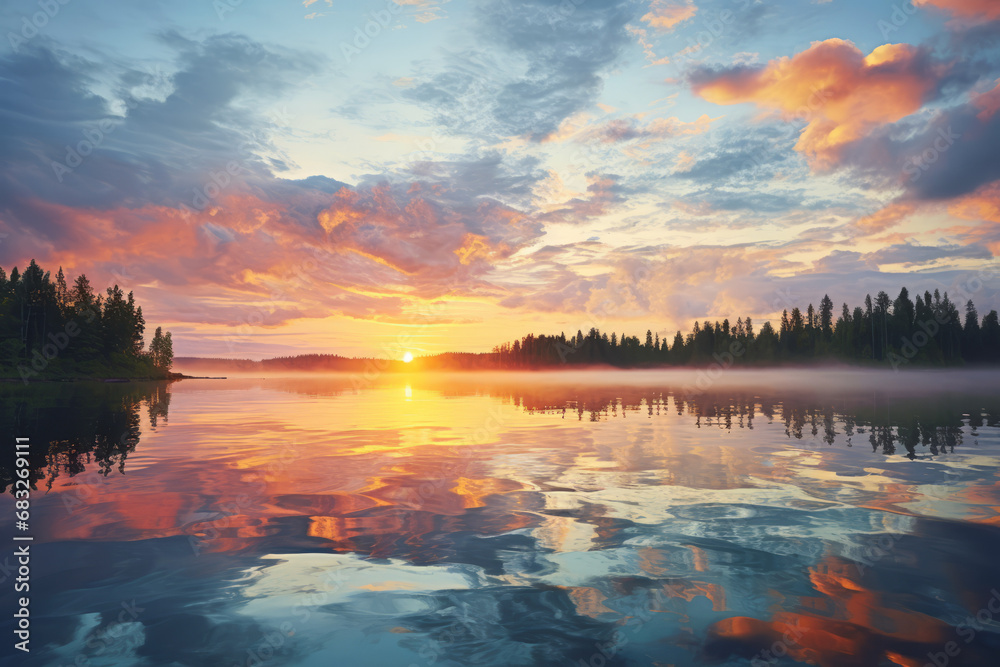 Breathtaking Lake Sunrise with Vibrant Sky Reflections - Serene Morning Landscape