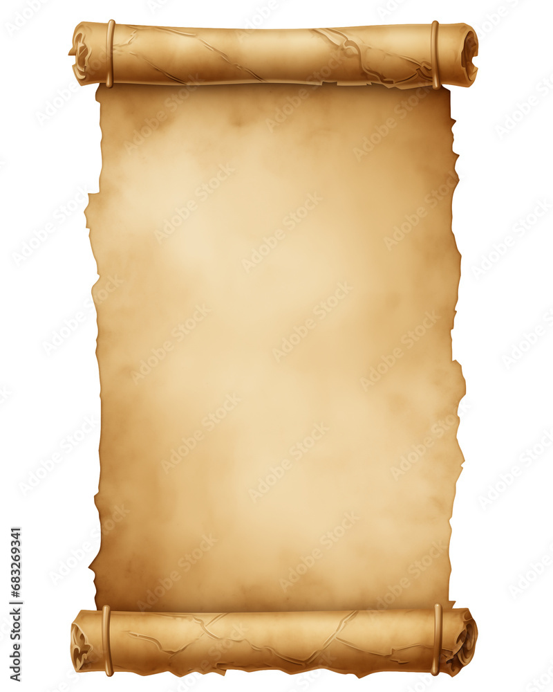 Old mediaeval paper sheet, parchment scroll isolated on transparent or white background
