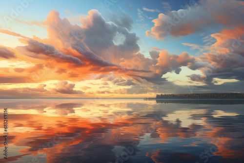 Dramatic Sky at Sunset Over Calm Lake - Vibrant Cloud Reflections on Water