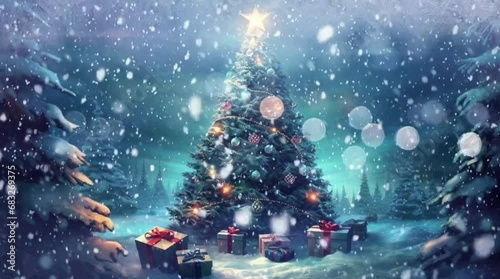 Christmas tree with glistening ornaments and beautifully wrapped presents photo