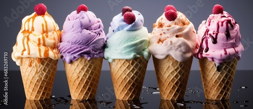 Closeup image of five ice cream cones with different flavours and berries.