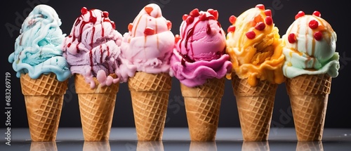 Closeup image of six ice cream cones with different flavours and berries.