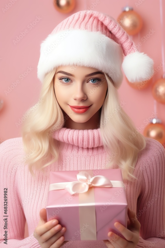 Portrait of young woman in Christmas knitted sweater Portrait of young woman in Christmas knitted sweater