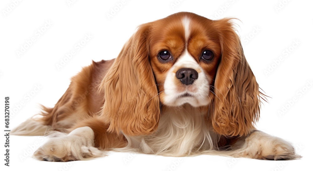 Cavalier King Charles Spaniel dog puppy isolated cutout on transparent background.