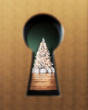 Christmas through the keyhole. Closeup shot on keyhole looking on white Christmas tree. 3D Rendering, 3D Illustration