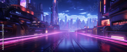 Vibrant Neon Cyber City at Dusk - Sci-Fi Urban Landscape with Luminous Streets