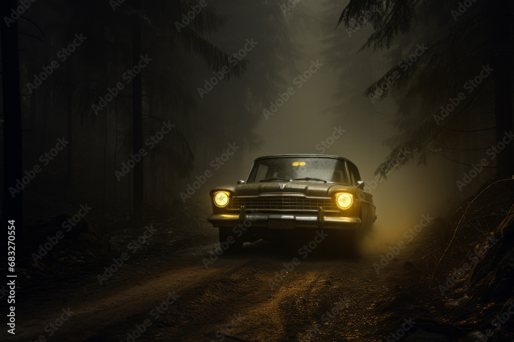 Classic Car Illuminating Misty Forest Path - Atmospheric Drive in Fog-Enshrouded Woods