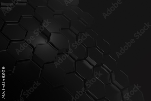 An abstract black honeycomb backdrop with a 3D polygonal design, emphasizing a modern, geometric structure for a tech or scientific setting