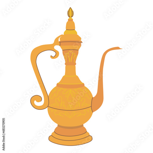 Vector oriental jug. Illustration of a flat pitcher isolated on a white background. Dishes for coffee or tea in Arabic style. Cartoon.