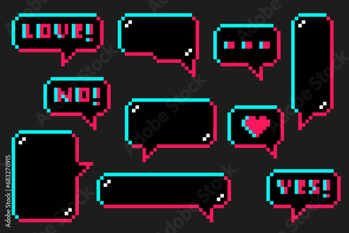Speech bubble set with Glitch style in pixel art. Vector illustration on isolated background.