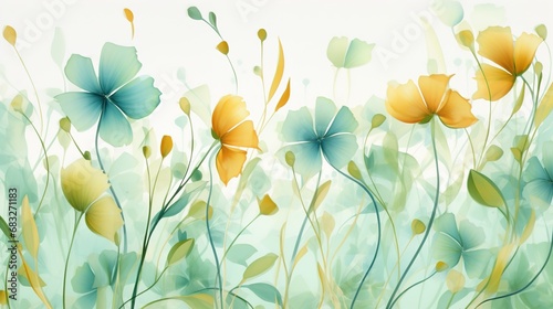 Fototapeta Naklejka Na Ścianę i Meble -  Watercolour painting of green and yellow flowers for background.