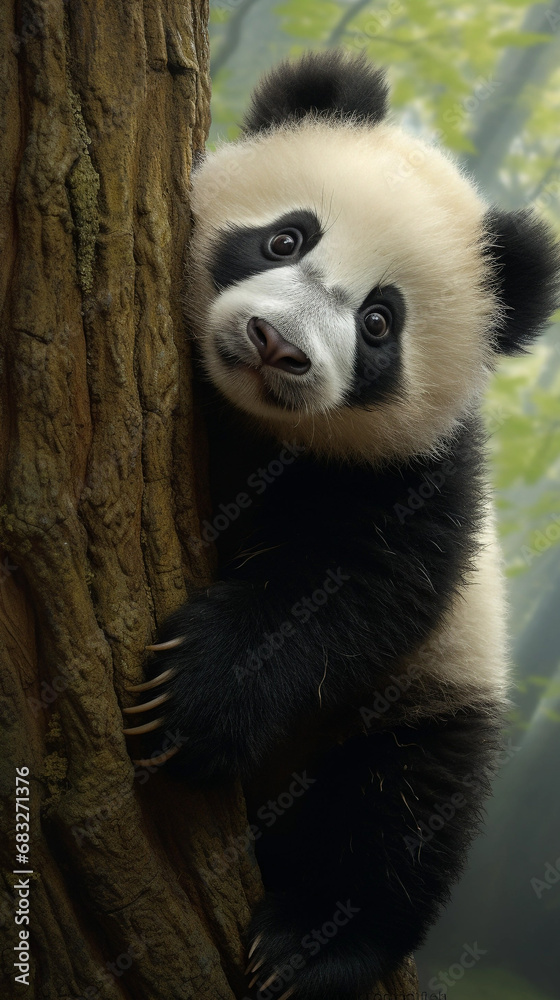 Obraz premium Panda bears in the wild of China, in the style of emotional body language, hardy, strong facial expressions, and light white. Beautiful nature.