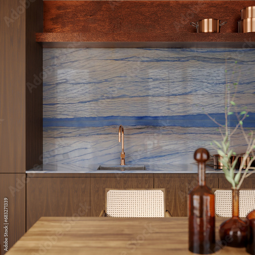 Tableau sur toile Modern kitchen design with quartzite countertop - detail of interior with faucet and home appliances